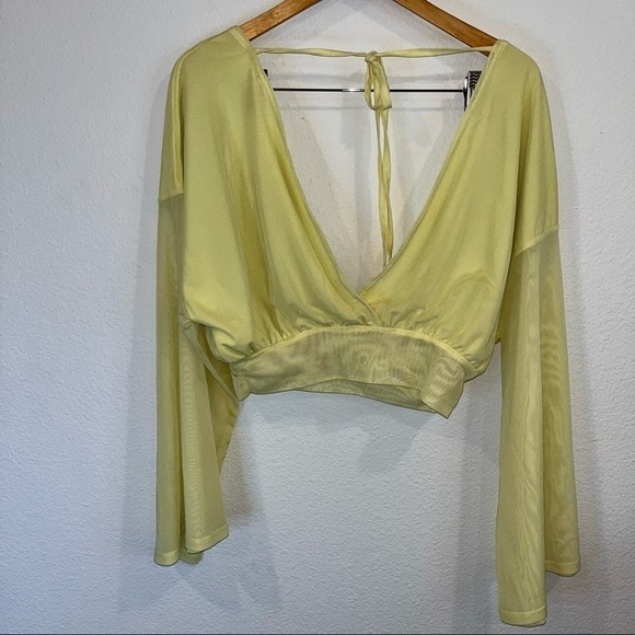 Free People lime green yellow mesh cross front tie back neck shirt size x small - Picture 5 of 7